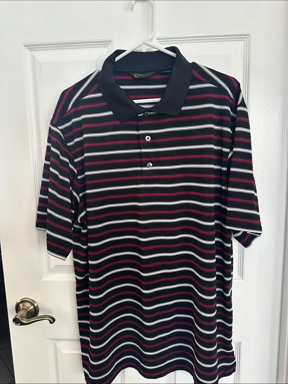 Men's Black and Burgundy Striped Polo Shirt